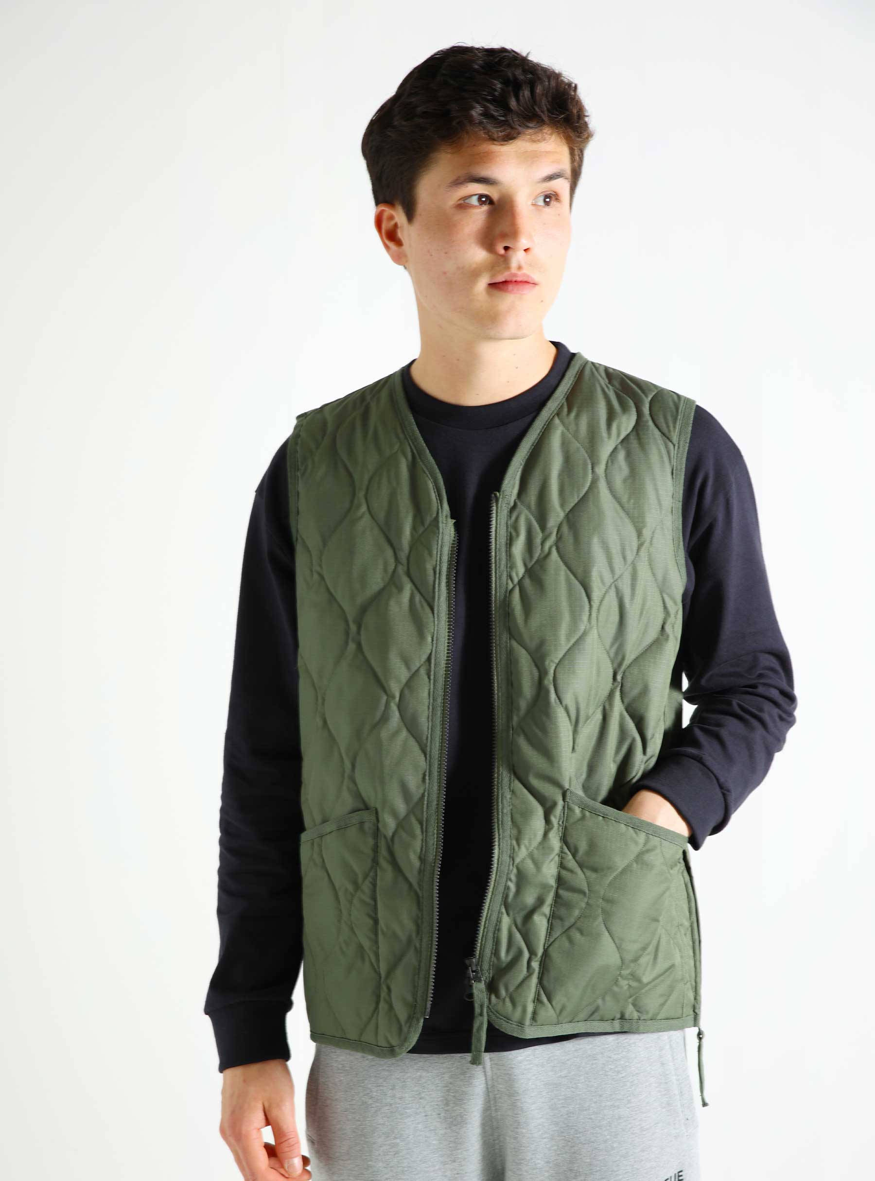 Taion Military W-Zip V Neck Down Vest Olive - Freshcotton