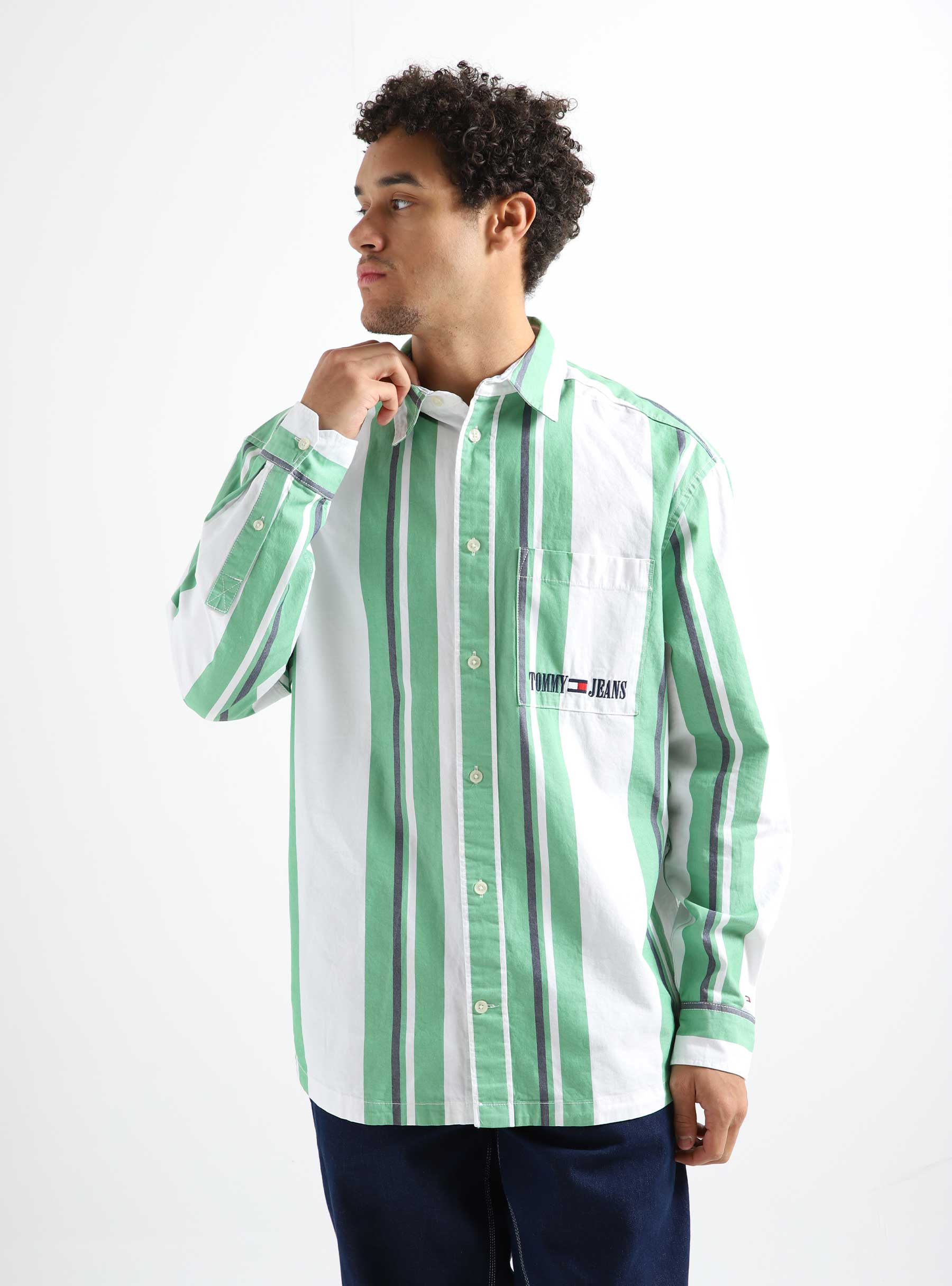 Tommy Jeans TJM Shirt Ovz - Archive Green Stripe Stripe Coastal Freshcotton