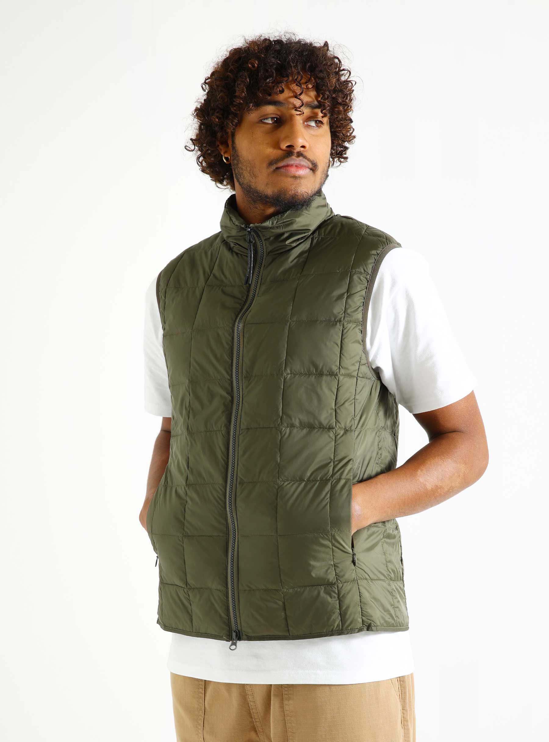 Taion Hi Neck W-Zip Down Vest Dark Olive - Freshcotton